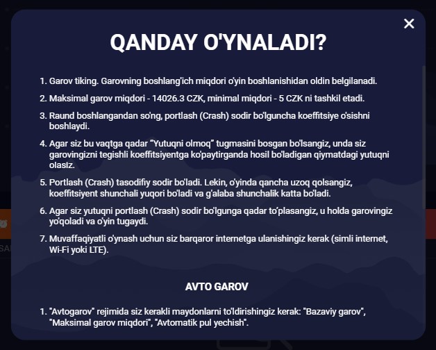 Oʻzbekistonda haqiqiy pul uchun Crash oʻyinlarini oʻynang